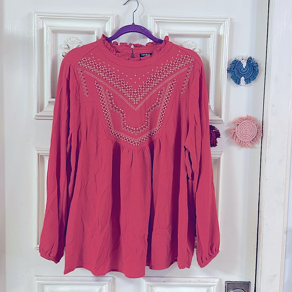 Sweet Bohemian Torrid Floral Embroidery Long-Sleeved Breezy Ruffled Neck Blouse